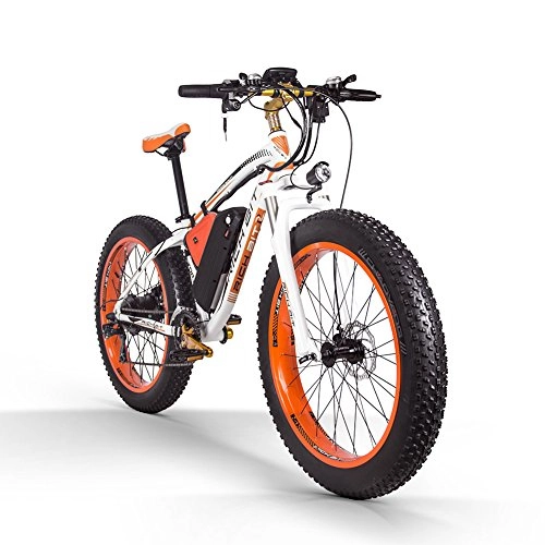 Bicicletas de montaña eléctrica : RICH BIT Bicicleta eléctrica para Hombres Adultos Big Tire Ebike 26"4.0, Potente Motor de 1000W, Snowbike con batería reemplazable 48V * 17Ah (Naranja Blanca)