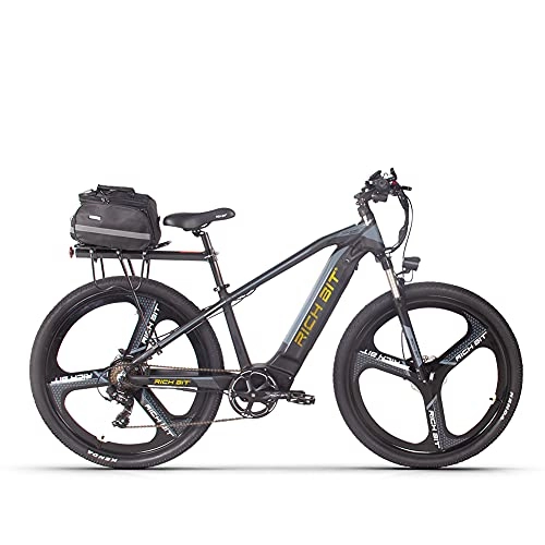 Bicicletas de montaña eléctrica : RICH BIT TOP-520 e-Bike uomo Donna, e-Mountain Bike con motore da 29 pollici 500W, e-Bike con batteria agli ioni di Litio 48V * 10AH, Bici elettrica a 7 velocità (Oro-Plus)