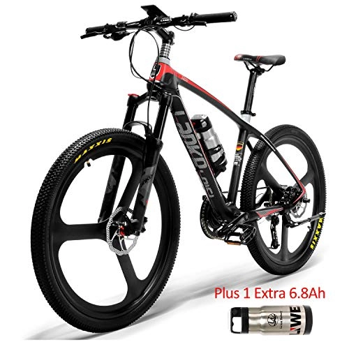 Bicicletas de montaña eléctrica : S600 26 '' Bicicleta elctrica Cuadro de fibra de carbono 240W Bicicleta de montaña, Sistema de sensor de par, Horquilla de suspensin con cierre de aceite y gas (Negro Rojo Plus 1 Extra 6.8Ah)