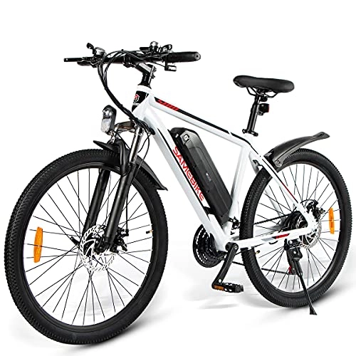 Bicicletas de montaña eléctrica : SAMEBIKE Ebike Bicicleta de Montaña de 26 Pulgadas, Bicicleta de Montaña Eléctrica para Adultos 36V 10AH, Bicicletas Eléctricas Hombres Mujeres I Shimano 7 Marchas I con Instrumento LCD (Blanco)