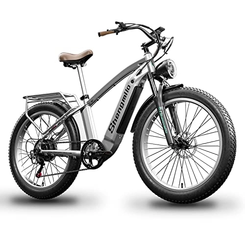 Bicicletas de montaña eléctrica : Shengmilo Bicicleta de montaña eléctrica de 26'' para Adultos, Bicicleta eléctrica con neumáticos Gruesos con batería 720WH extraíble de 48 V y 15 Ah, Faro superbrillante, Retro MX04