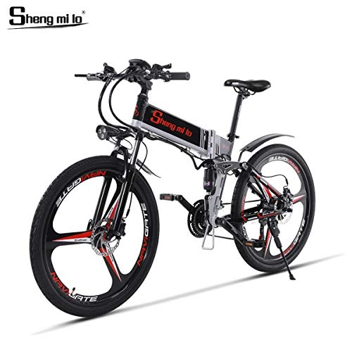 Bicicletas de montaña eléctrica : Shengmilo Bicicleta Elctrica Plegable, Shimano 21 Speed, Freno XOD, 26 Pulgadas, Rueda Integrada Mountain Road, Bicicleta Elctrica, Batera De Litio De 13AH Incluida (Negro)