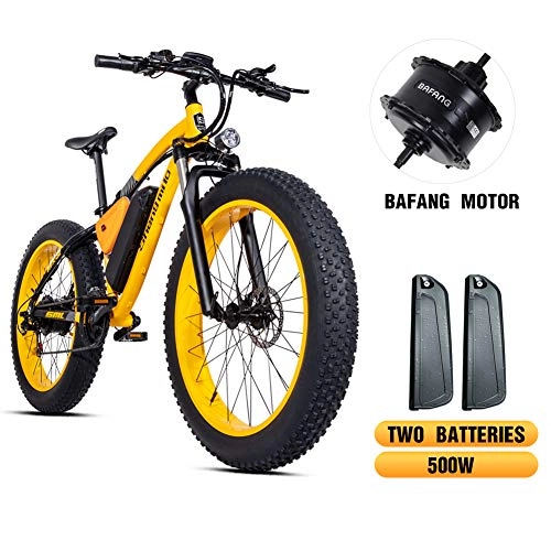 Bicicletas de montaña eléctrica : Shengmilo Bicicleta eléctrica Bafang Motor, 26 Pulgadas Mountain E- Bike, 4 Pulgadas Neumático Gordo, Dos baterías Incluidas (Amarilla)