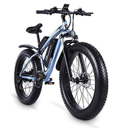 Bicicletas de montaña eléctrica : Shengmilo Bicicleta eléctrica eléctrica Power Assisted para Adultos, Bicicleta eléctrica de 26 Pulgadas, Horquilla de suspensión con Bloqueo, MX02S e Bike (Azul)
