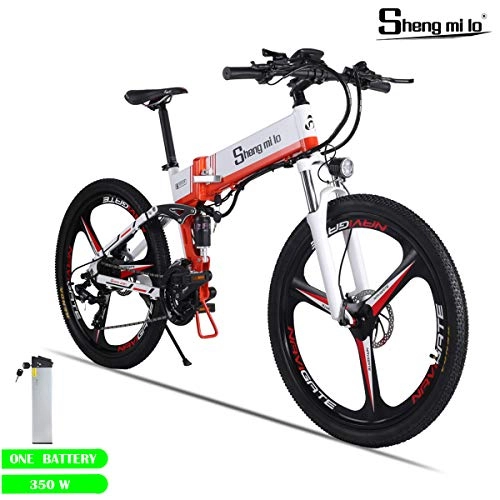 Bicicletas de montaña eléctrica : Shengmilo Bicicleta Plegable Eléctrica, Shimano 21 Speed, XOD Brake 26 Pulgadas, Rueda Integrada Mountain Road E-Bike, Batería De Litio De 48v / 350w Incluida (Blanco)