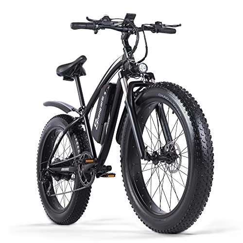 Bicicletas de montaña eléctrica : Shengmilo-MX02S Bicicleta eléctrica de 26x4“, bicicleta de montaña de 7 velocidades, bicicleta de asistencia de pedal, batería de litio extraíble de 48V / 17Ah, doble freno de disco hidráulico (negro)