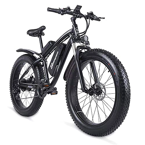 Bicicletas de montaña eléctrica : Shengmilo-MX02S Bicicleta eléctrica de neumático Grueso de 26 Pulgadas, Bicicleta eléctrica de montaña Nevada con transmisión Shimano de 21 velocidades, Asistencia de Pedal, Freno de Disco hidráulico
