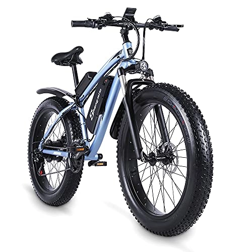 Bicicletas de montaña eléctrica : Shengmilo-MX02S Bicicleta eléctrica de neumático Grueso de 26 Pulgadas, Bicicleta eléctrica de montaña Nevada con transmisión Shimano de 7 velocidades, Asistencia de Pedal, Freno de Disco hidráulico