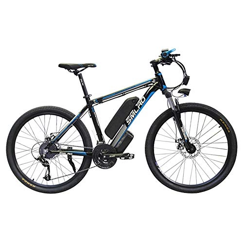 Bicicletas de montaña eléctrica : SMLRO Bicicleta de Montaña Eléctrica, Bicicleta Eléctrica 1000W 26 '' con Batería Extraíble de Iones de Litio de 48V 15 AH Shimano 27 Speed ​​Gear (Negro- Azul)