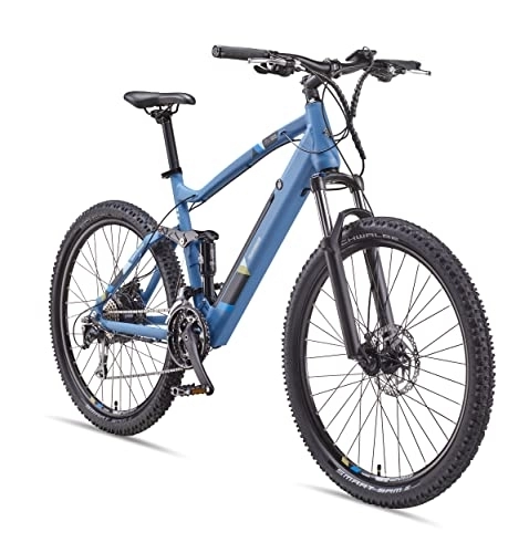 Bicicletas de montaña eléctrica : Telefunken Bicicleta eléctrica de montaña de aluminio, 27 velocidades Shimano Altus Cambio de cadena – Pedelec MTB 27, 5 pulgadas, motor de rueda trasera, 250 W, frenos de disco, azul, ascensor M935