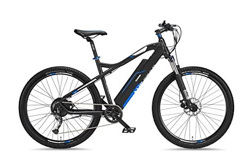 Bicicletas de montaña eléctrica : Telefunken Bicicleta eléctrica de montaña de aluminio, cambio Shimano de 9 velocidades, pedelec MTB, 27, 5 pulgadas, motor trasero de 250 W, frenos de disco, color antracita / azul, subida M920