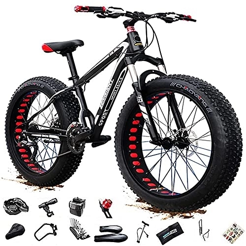 Bicicletas de montaña Fat Tires : Bananaww Bicicleta de Montaña de 24 / 26inch con Cuadro de Acero para Adultos Fat Tire, Marco de Acero de Alto Carbono Doble Suspensión Completa Doble Freno de Disco, Black Red, 24inch 30speed
