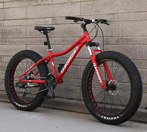 Bicicletas de montaña Fat Tires : Bicicleta de montaña con ruedas de 26 "para adultos, bicicleta de cola dura, cuadro de acero con alto contenido de carbono, horquilla de suspensin delantera, freno de doble disco, Rojo, 24 speed