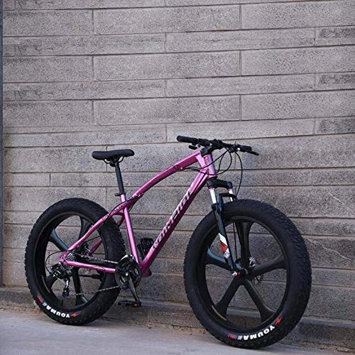 Bicicletas de montaña Fat Tires : Bicicleta de montaña para adultos, bicicleta de crucero con marco de acero con alto contenido de carbono, freno de disco doble y horquilla de suspensin delantera completa, Prpura, 26 inch 21 speed