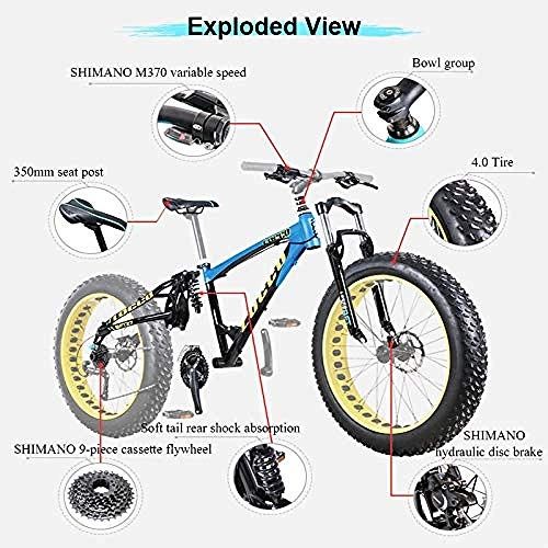 Bicicletas de montaña Fat Tires : GJZM Bicicletas de montaña de 27 velocidades, Bicicleta de montaña con Doble Freno de Disco, sobremarcha, Bicicleta con neumáticos de Grasa, 26 Pulgadas, Azul