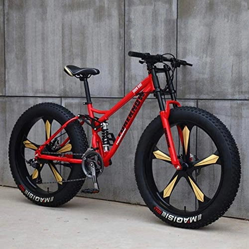 Bicicletas de montaña Fat Tires : GJZM Mountain Bikes 21 Speed, neumáticos de 26 Pulgadas Hardtail Mountain Bike Cuadro de Doble suspensión- Negro Spoke-Red 5 Spoke_21 Speed