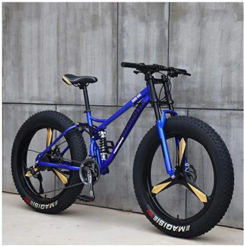 Bicicletas de montaña Fat Tires : Gnohnay Bicicletas de montaña, Bicicleta de montaña rígida Fat Tire de 26 Pulgadas, Cuadro de Doble suspensión y Horquilla de suspensión All Terrain Mountain Bike, Blue 3 Spoke, 21 Speed