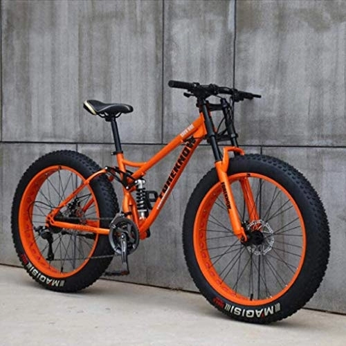 Bicicletas de montaña Fat Tires : L&WB Bicicletas de montaña de 26 pulgadas, bicicleta de montaña de neumático gordo adulto, marco de acero al carbono, suspensión completa doble, freno de disco doble, naranja, 27 velocidades