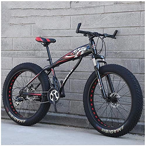 Bicicletas de montaña Fat Tires : N&I Bicicleta de montaña Fat Tire Hardtail con suspensión frontal para adultos y mujeres, 4 correas anchas, antideslizantes, de acero al carbono, doble disco, 7 velocidades, color negro y rojo