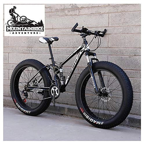 Bicicletas de montaña Fat Tires : NENGGE Doble Suspensión MTB con Neumático Gordo, Profesional Adulto Hombre Mujer Bicicleta Montaña, Doble Freno Disco Bicicleta BTT, Cuadro de Acero, Negro, 26 Inch 7 Speed