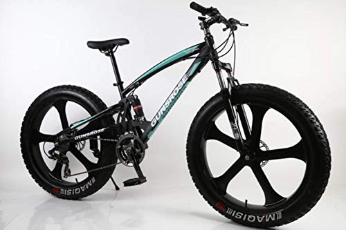 Bicicletas de montaña Fat Tires : Pakopjxnx 26 Inch Bike 5 Knife Wheel Fat Tire Snow Beach Mountain Bike High Carbon Steel Frame, Black Green, 26inch 24speed