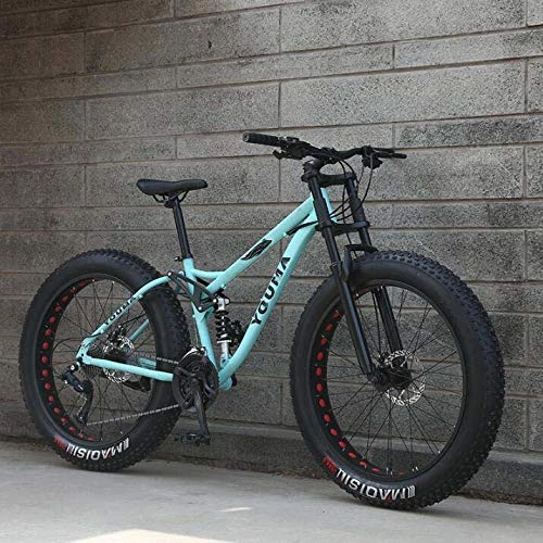 Bicicletas de montaña Fat Tires : Ruedas de 26 pulgadas, bicicletas de montaña de doble suspensin completa para adultos, cuadro de acero con alto contenido de carbono, horquilla de resorte, freno de disco mecnico, Azul, 21 speed