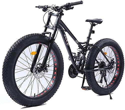 Bicicletas de montaña Fat Tires : XinQing Bicicletas de montaña de 26 Pulgadas, Freno de Disco Doble, Neumático Gordo, Bicicleta de montaña, Asiento Ajustable, Cuadro de Acero con Alto Contenido de Carbono, Black, 24 Speed