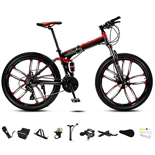 Bicicletas de montaña plegables : 24 Pulgadas 26 Pulgadas Bicicleta de Montaña Unisex, Bici MTB Adulto, Bicicleta MTB Plegable, 30 Velocidades Bicicleta Adulto con Doble Freno Disco / Rojo / 26'' / C Wheel