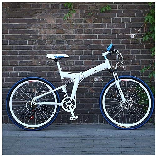 Bicicletas de montaña plegables : 26 Inch Mountain Bike High Carbon Steel Folding Frame Dual Suspensions 27 Speed with Double Disc Brake Unisex (Color : Black) (White)
