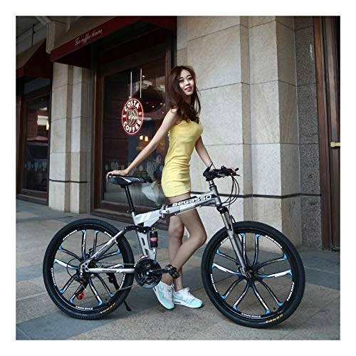 Bicicletas de montaña plegables : 26inch Mountain Bike Folding Bikes with High Carbon Steel Frame, Featuring 10 Spoke Wheels and 21 Speed, Double Disc Brake and Dual Suspension Anti-Slip Bicycles