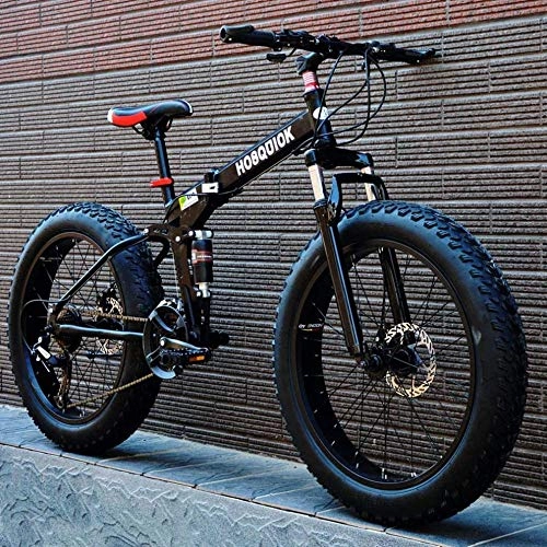 Bicicletas de montaña plegables : Abrahmliy Fat Tire Adult Mountain Bike Double Disc Brake / High Carbon Carbon Frame Cruiser Men Bikes 24 Inch Beach Snowmobile Bicycle Aluminium Rims-Black_27 Speed