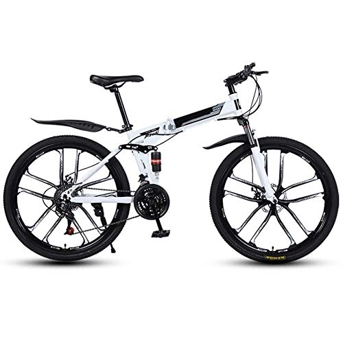 Bicicletas de montaña plegables : Adult Mountain Bike 26" Full Suspension 21 Speed Mens Womans Folding Mountain Bike Bicycle High Carbon Steel Frames with Double Shock Absorber (Color : Red) (White)