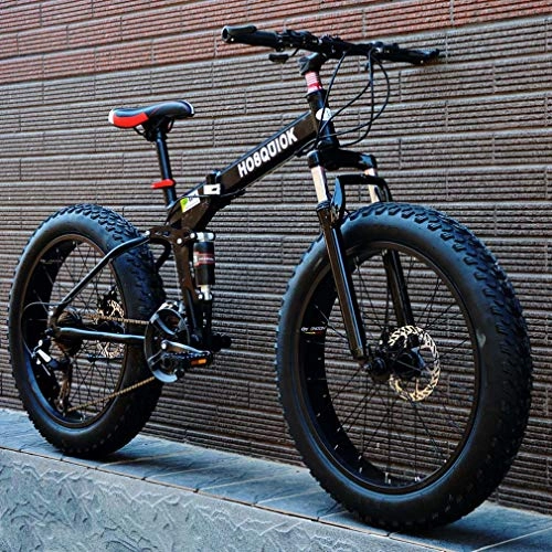 Bicicletas de montaña plegables : AISHFP Bicicleta de montaña Fat Tire para Hombre, Bicicletas de Crucero de Marco de Acero de Alto Carbono, Bicicleta de Nieve de 7 velocidades, Ruedas aleacin de Aluminio, Negro, 24 Inches