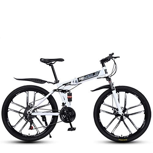 Bicicletas de montaña plegables : AISHFP Plegable de Velocidad Variable de 26 Pulgadas Bicicleta de montaña, Bicicletas de Carbono de Alta Estructura de Acero de Doble Freno de Disco de la Bicicleta, Blanco, 21speed
