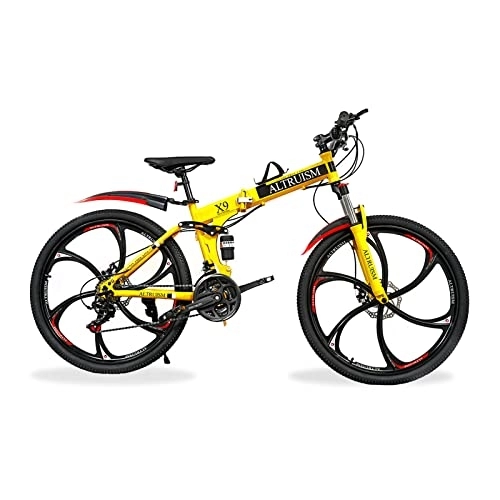 Bicicletas de montaña plegables : ALTRUISM Bicicleta de montaña bicicleta plegable 26 pulgadas Shimano 21 velocidades doble frenos de disco suspensión completa MTB 6 radios ruedas para hombre y mujer (amarillo)