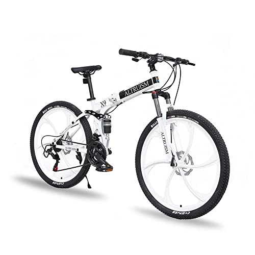 Bicicletas de montaña plegables : ALTRUISM Bicicleta de montaña plegable de 26 pulgadas delantera y trasera, freno de doble disco Shimano, 21 velocidades, marco de acero, rueda de radios de 6 cuchillas (blanco)