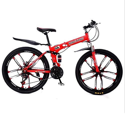 Bicicletas de montaña plegables : ANJING Bicicleta de Montaa Plegable Ligera de 24 Pulgadas con Marco de Acero al Carbono, Frenos de Doble Disco y Engranajes de 24 Velocidades, Rojo