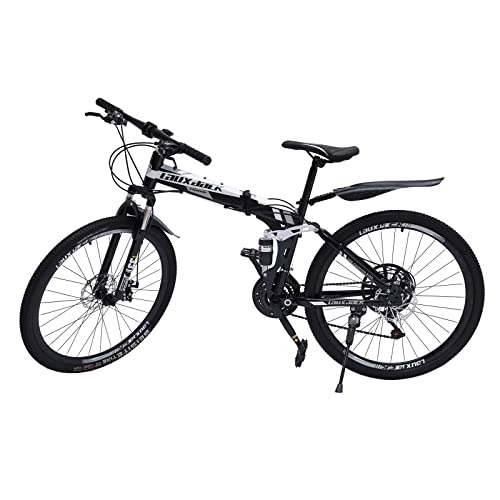 Bicicletas de montaña plegables : Aohuada Bicicleta de montaña de 26 pulgadas para adultos de 21 velocidades con marco de acero frenos de disco plegable delantera y trasera bicicleta para mujeres y hombres negro y blanco
