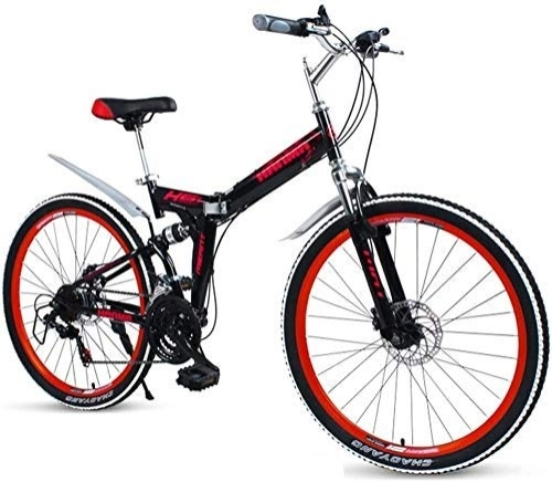 Bicicletas de montaña plegables : AYHa Bicicletas plegables adultos, acero de alto carbono doble freno de disco de bicicletas de montaña plegable, doble suspensión plegable bicicletas, bicicletas de cercanías portátil, rojo, 24" 27 Vel