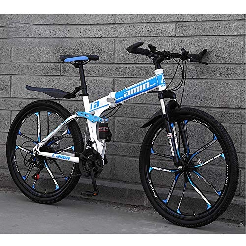 Bicicletas de montaña plegables : Bici de montaña plegable, 26 Frame bicicletas de montaña pulgadas Doble adulto Disco de freno de alto Tenedor de acero al carbono, ligero asiento ajustable ciclo de la bicicleta, Blue 10 spoke, 24 Speed