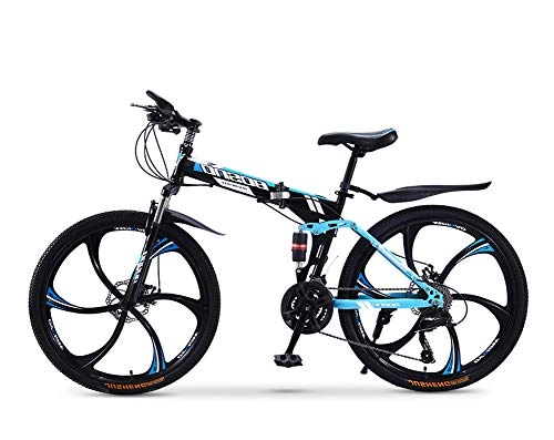 Bicicletas de montaña plegables : Bicicleta de Montaa, Plegable 24 Pulgadas Bicicletas de Acero Al Carbono, Doble Choque Velocidad Variable Bicicleta, Rueda Integrada de 6 Cuchillas, Altura Apropiada el 160-185cm, Azul, 24in (21 speed)