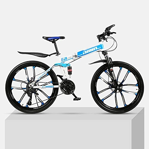 Bicicletas de montaña plegables : Bicicleta de montaña 24 Pulgadas con una Rueda Plegable de Acero al Carbono con Marco Doble Frenos de Disco Estudiante Unisex Bicicleta de montaña al Aire Libre-Azul_27 velocidades