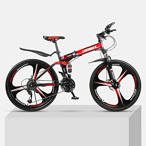 Bicicletas de montaña plegables : Bicicleta de montaña 24 pulgadas marco de acero de alto carbono plegable de una rueda doble absorcin de impactos estudiantes masculinos y femeninos ciclismo de montaña-Rojo_30 velocidades