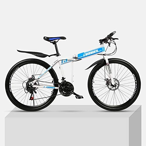 Bicicletas de montaña plegables : Bicicleta de montaña 24 Pulgadas Plegable de Acero de Alto Carbono Marco Doble Frenos de Disco Estudiante Unisex Bicicleta de montaña-Azul_21 velocidades