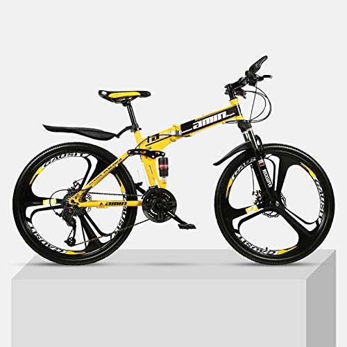 Bicicletas de montaña plegables : Bicicleta de montaña 24 pulgadas, una rueda, marco de acero de alto carbono plegable, velocidad de absorcin de impactos doble, estudiantes masculinos y femeninos-Amarillo_21 velocidades