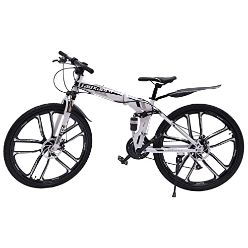 Bicicletas de montaña plegables : Bicicleta de montaña Adulto 26" Bicicleta plegable de 21 velocidades con doble amortiguación, marco de acero al carbono, freno de disco, bicicleta de suspensión completa, altura ajustable