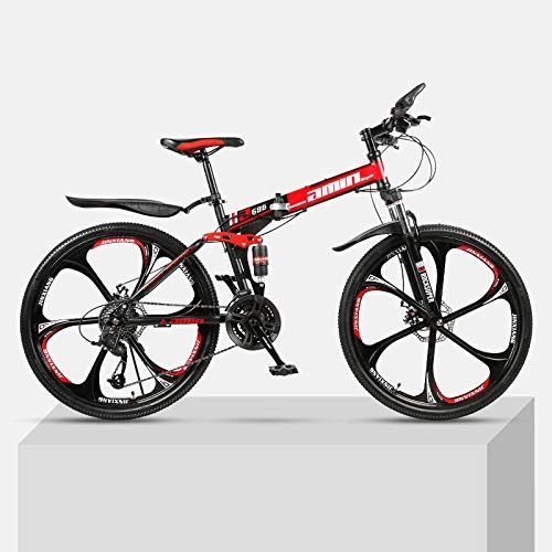Bicicletas de montaña plegables : Bicicleta de montaña al Aire Libre de 26 Pulgadas con una Rueda Plegable de Acero de Alto Carbono Marco Doble Frenos de Disco Estudiante Unisex Bicicleta de montaña-Rojo_21 velocidades