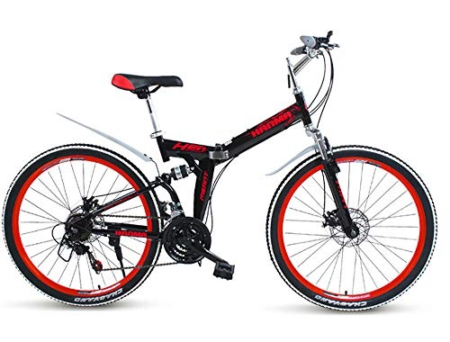 Bicicletas de montaña plegables : Bicicleta de montaña, bicicleta de doble disco plegable y con amortiguacin de golpes con dos velocidades, adecuada para estudiantes masculinos y femeninos-(Negro rojo) (21 velocidades)_(24 pulgadas)