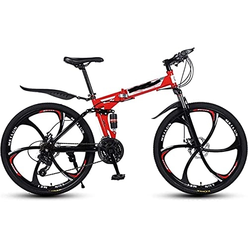 Bicicletas de montaña plegables : Bicicleta de montaña Marco de Acero de 21 / 24 / 27 velocidades 26 Pulgadas Rueda de 6 Rayos Bicicleta Plegable de Doble suspensión Bicicleta de montaña para Adultos (Color: Rojo, Velocidad: 24
