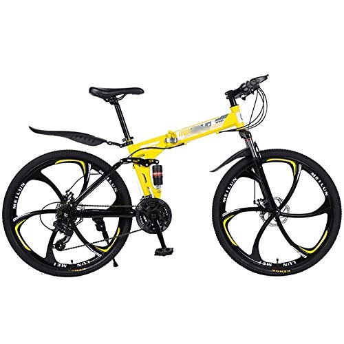 Bicicletas de montaña plegables : Bicicleta de montaña Marco de Acero de 21 / 24 / 27 velocidades 26 Pulgadas Ruedas de 6 Rayos Bicicleta Plegable de Doble suspensión Bicicleta de montaña para Adultos (Color : Yellow, Size : 21 Speed)